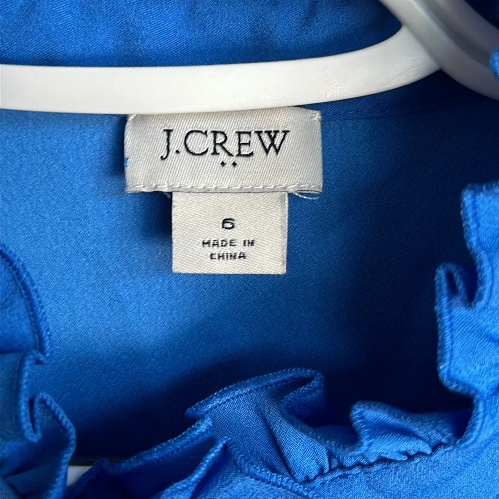 J Crew Shirt Womens 6 Blue Sleeveless Half Button Up Ruffle Polyester Large